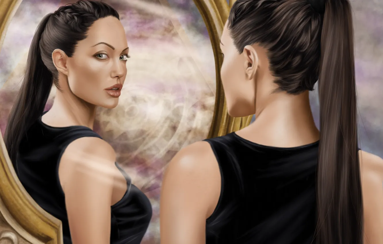 Фото обои взгляд, девушка, лицо, актриса, зеркало, Angelina Jolie, арт, Tomb Raider