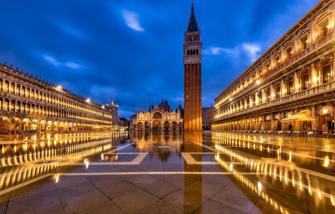 Фото обои здания, башня, площадь, Италия, Венеция, собор, ночной город, Italy