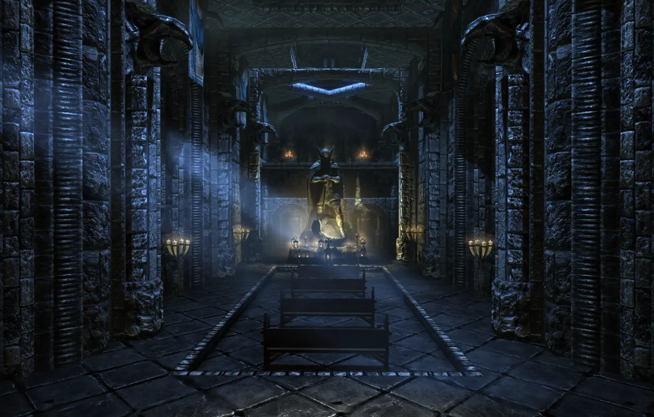 Фото обои свечи, храм, статуя, скамейки, skyrim, temple of talos