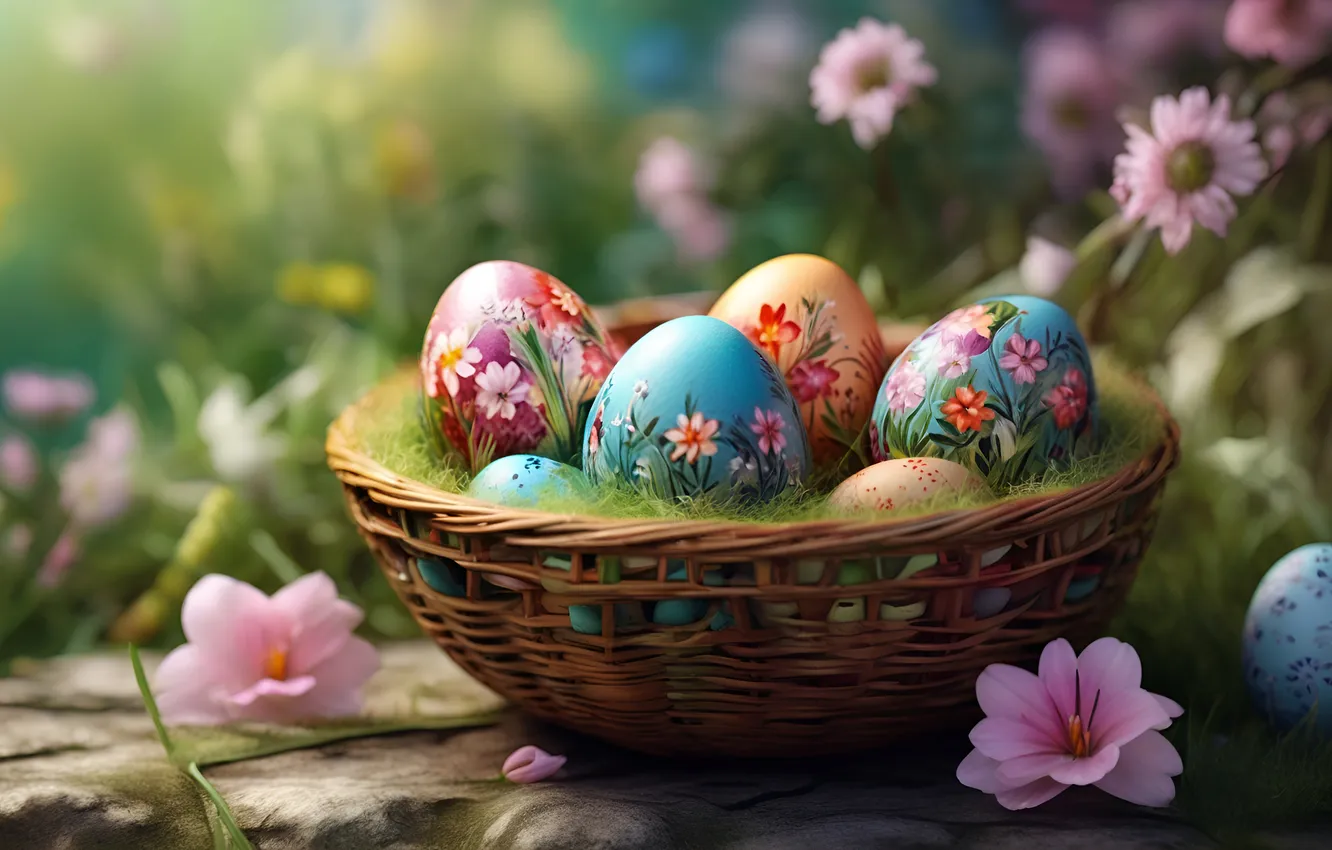 Фото обои цветы, яйца, весна, colorful, Пасха, happy, flowers, spring