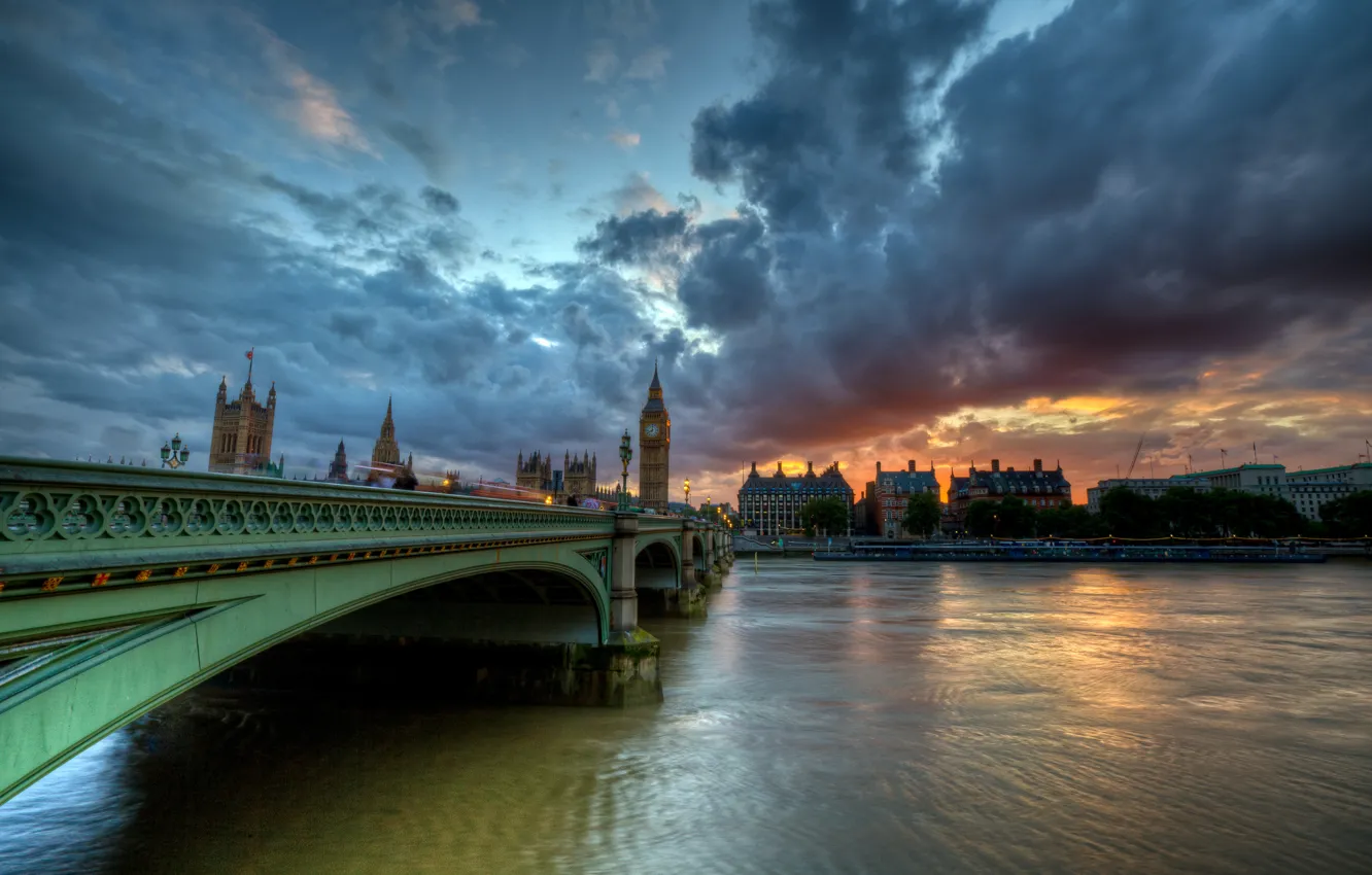 Фото обои облака, Англия, Лондон, London, England, River Thames, река Темза, Вестминстерский мост