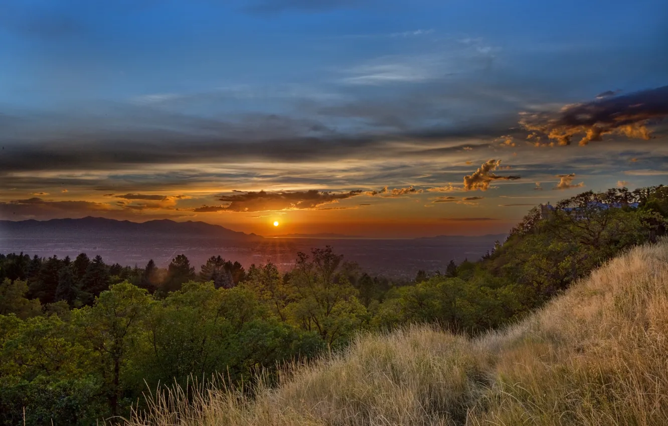 Фото обои закат, озеро, панорама, Юта, Utah, Милкрик, Millcreek Township, Mount Olympus Cove