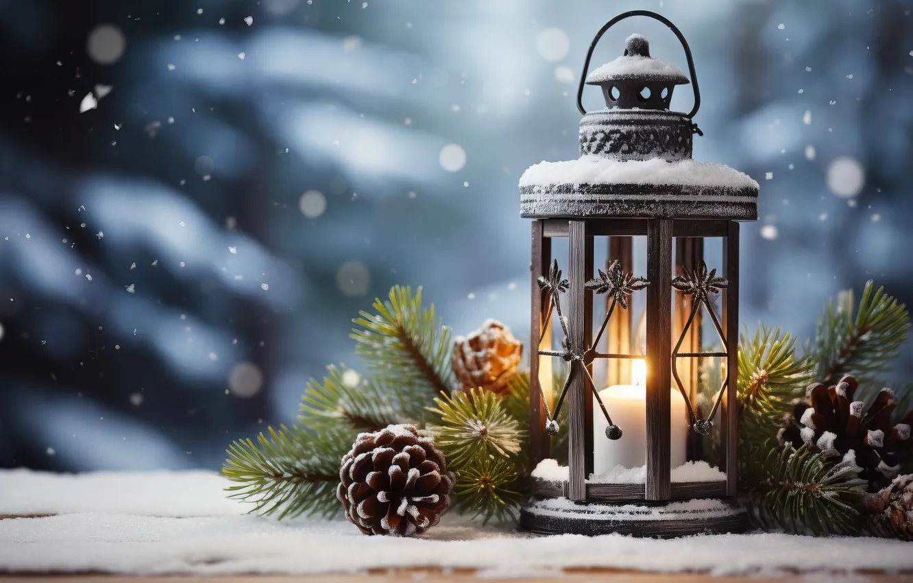 Фото обои зима, снег, ночь, Рождество, фонарь, Новый год, Christmas, night
