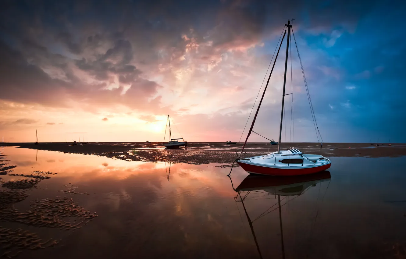 Фото обои море, пляж, лодки, Пейзаж, England, Great Meols