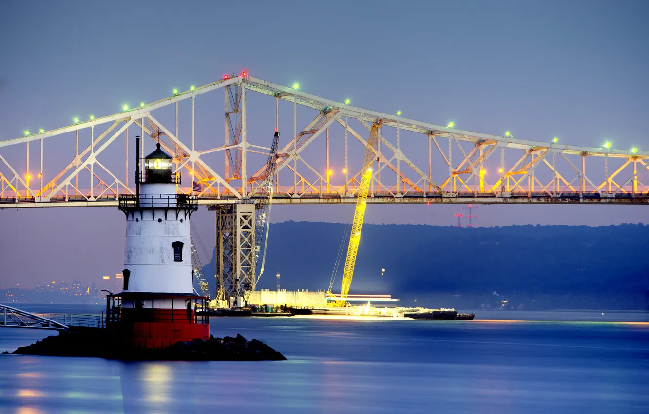 Фото обои мост, огни, маяк, Нью-Йорк, США, Tarrytown, Tappan Zee bridge