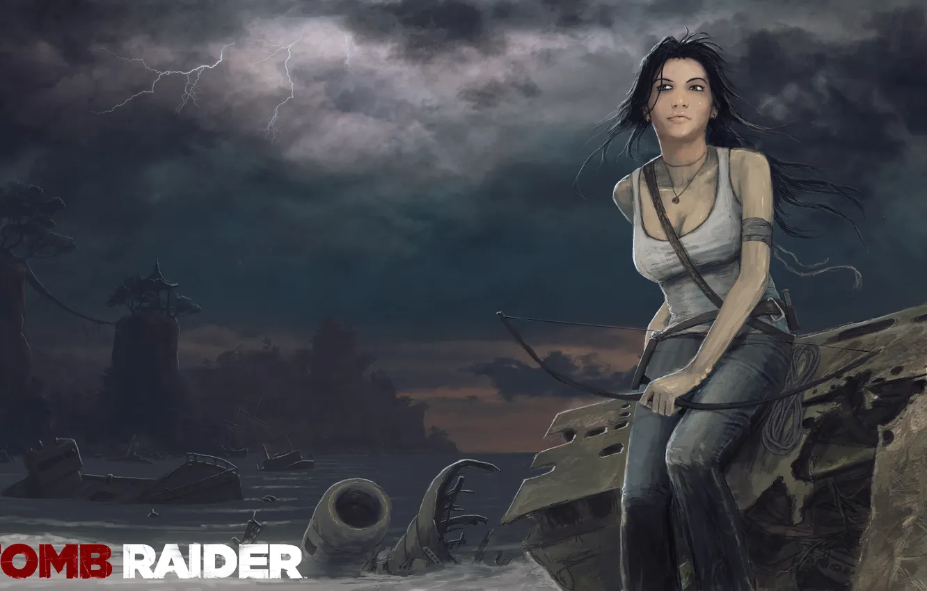 Фото обои гроза, девушка, тучи, Tomb Raider, сидит