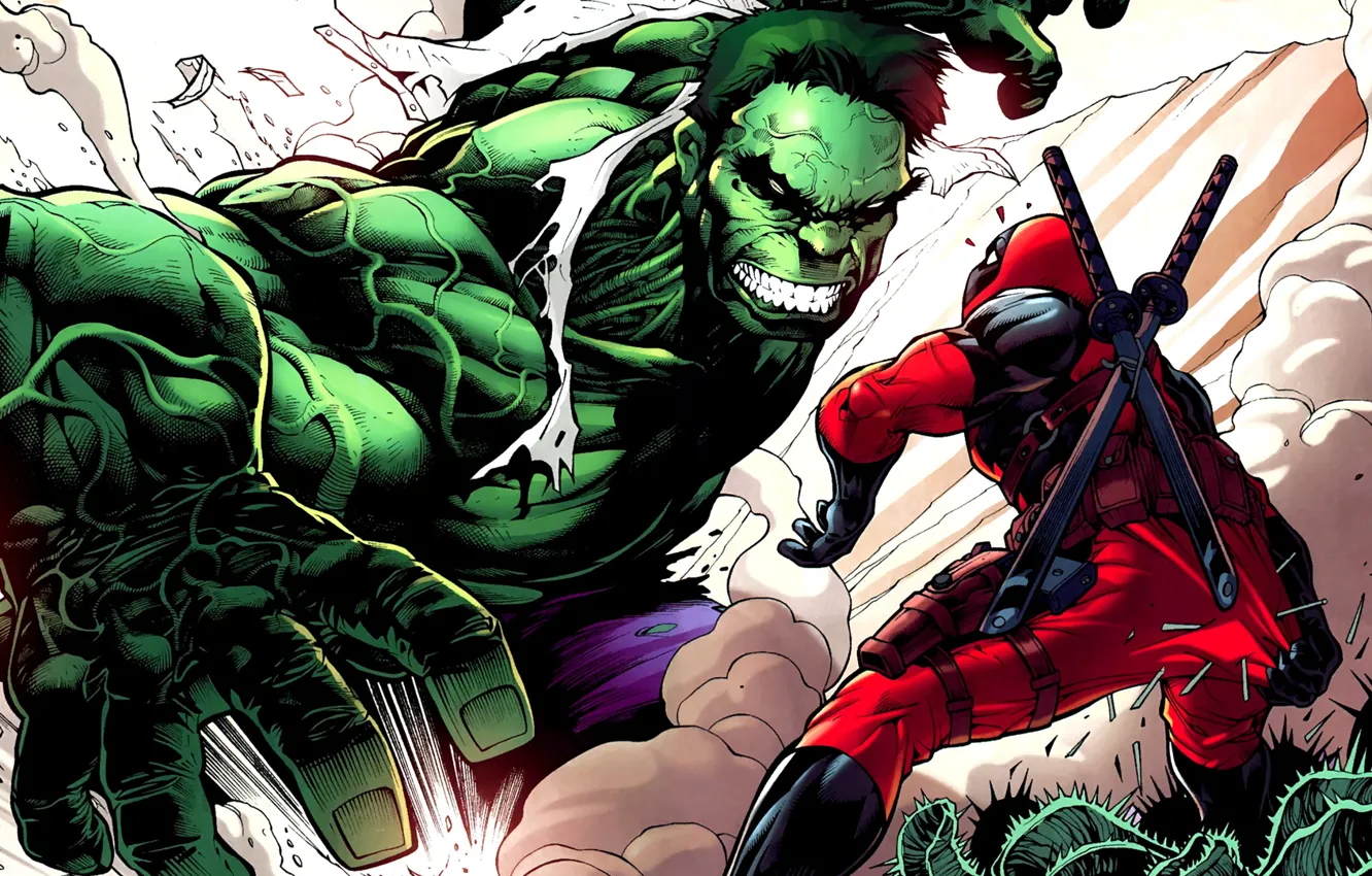 Фото обои gun, халк, marvel, comics, deadpool, heroes, ninja, hulk