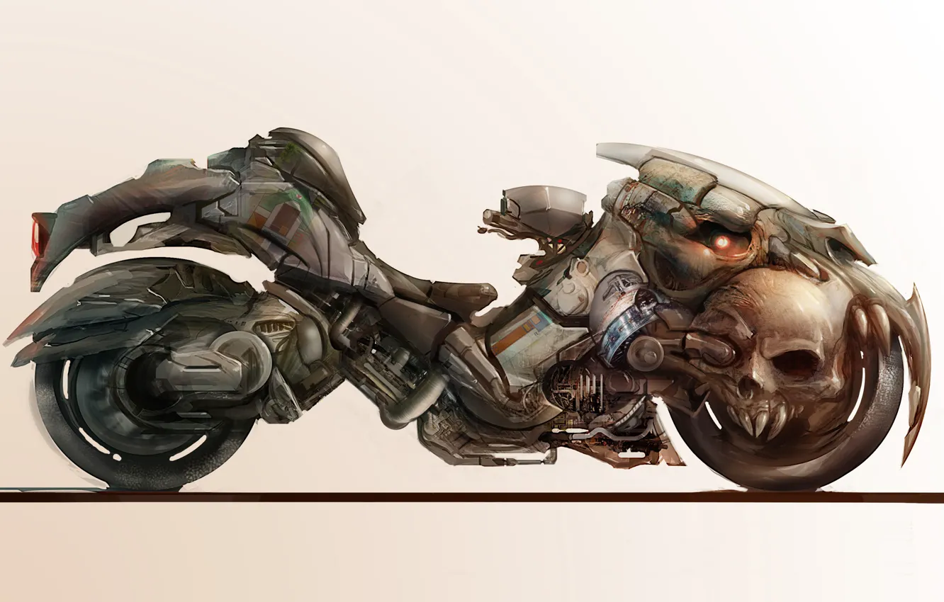 Фото обои фон, фантастика, череп, арт, колеса, мотоцикл