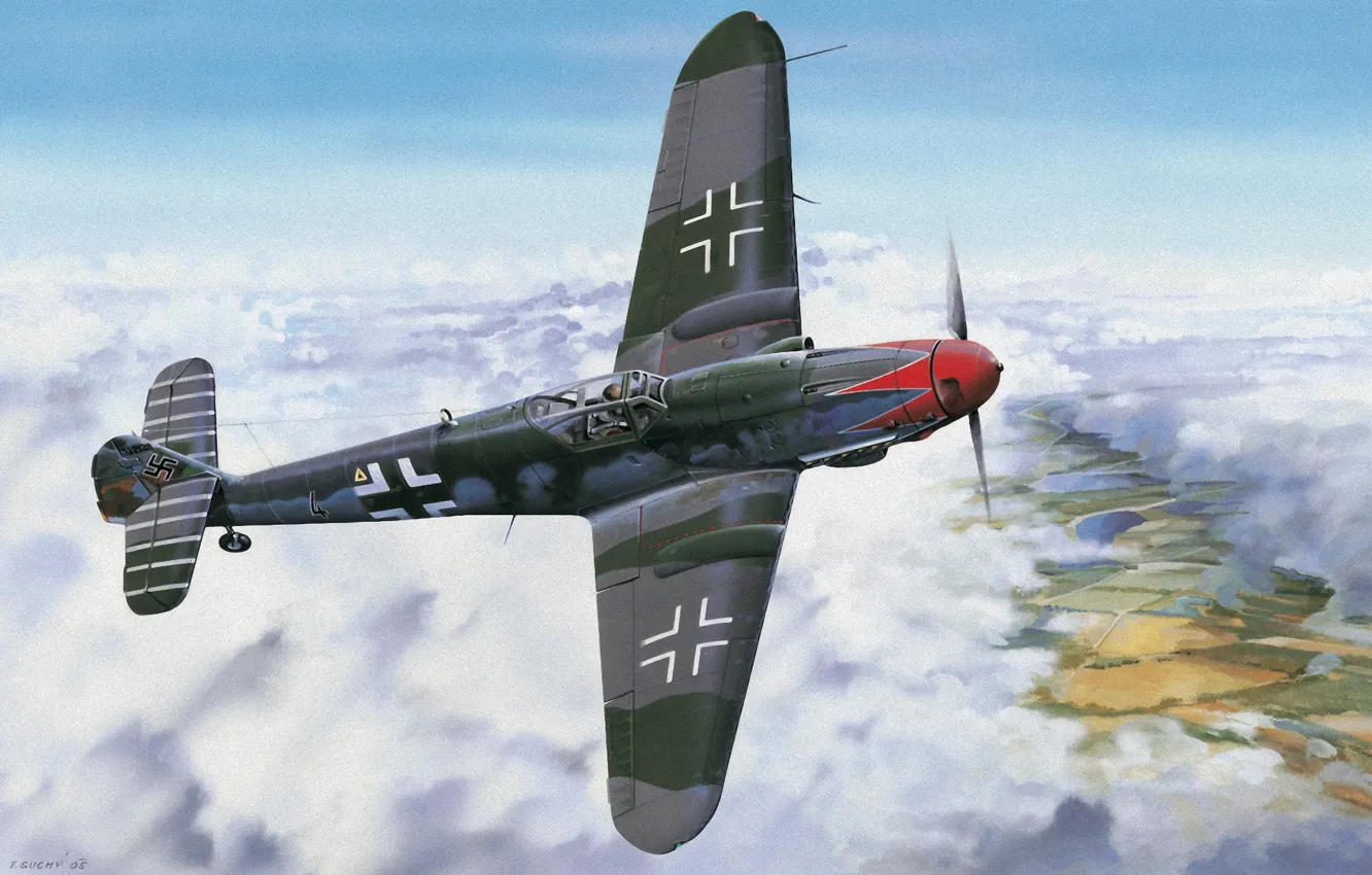 Фото обои war, art, painting, drawing, ww2, bf 109, german fighter