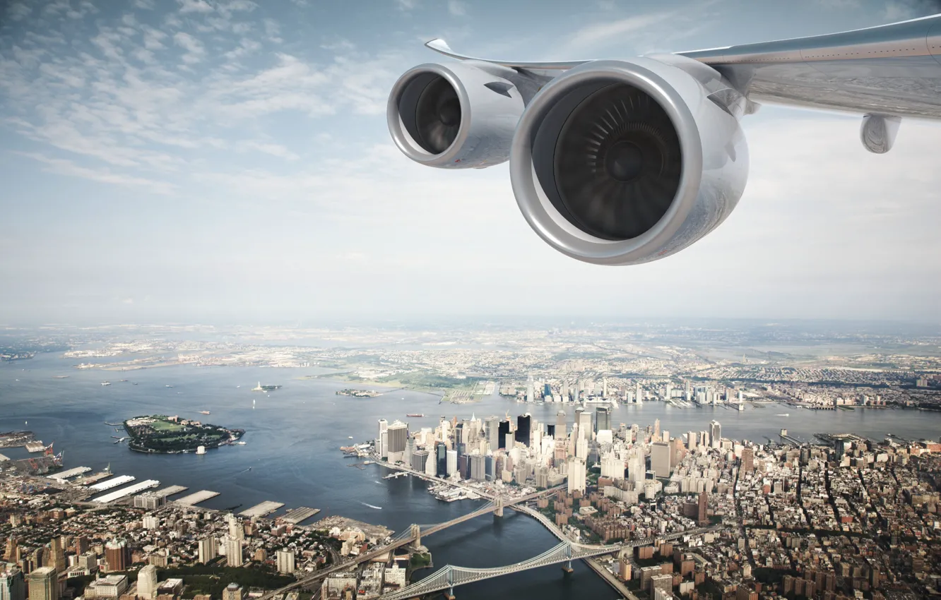 Фото обои Город, Полет, Сверху, Двигатель, США, Двигатели, Нью Йорк, New York