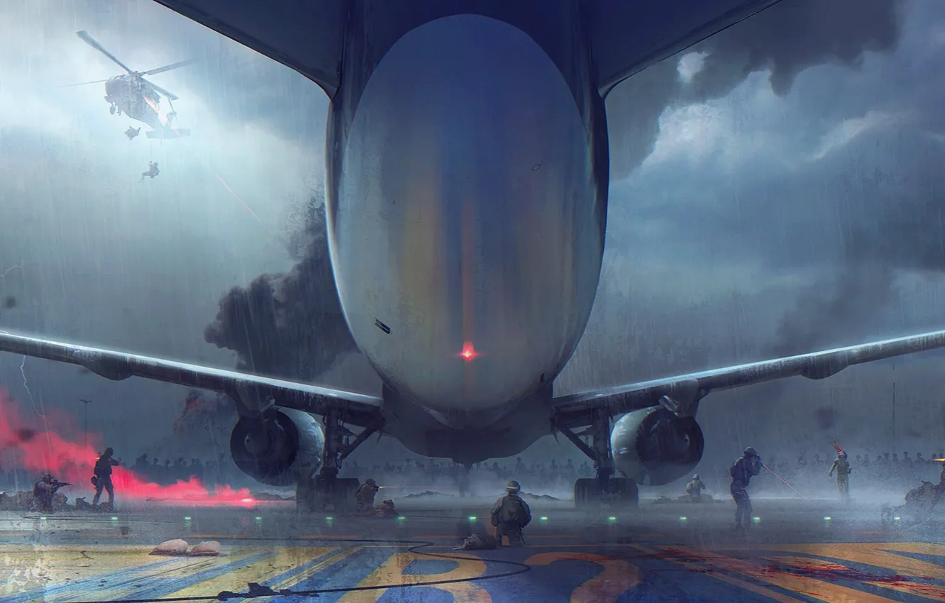 Фото обои Самолет, Дождь, Тучи, Бой, Крылья, Солдаты, Солдат, Zombie