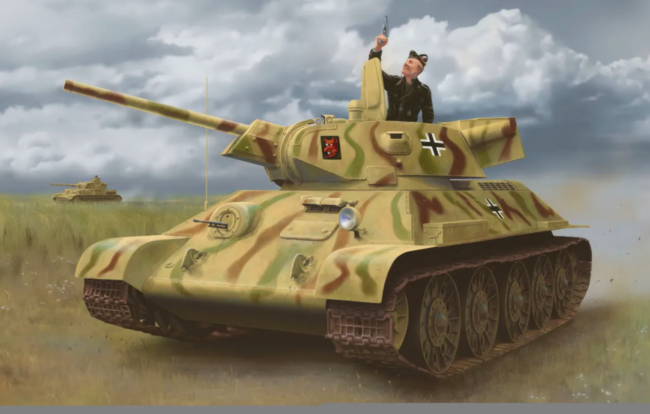 Фото обои art, painting, tank, ww2, captured tank, T-34-747 STZ Mod. 1942