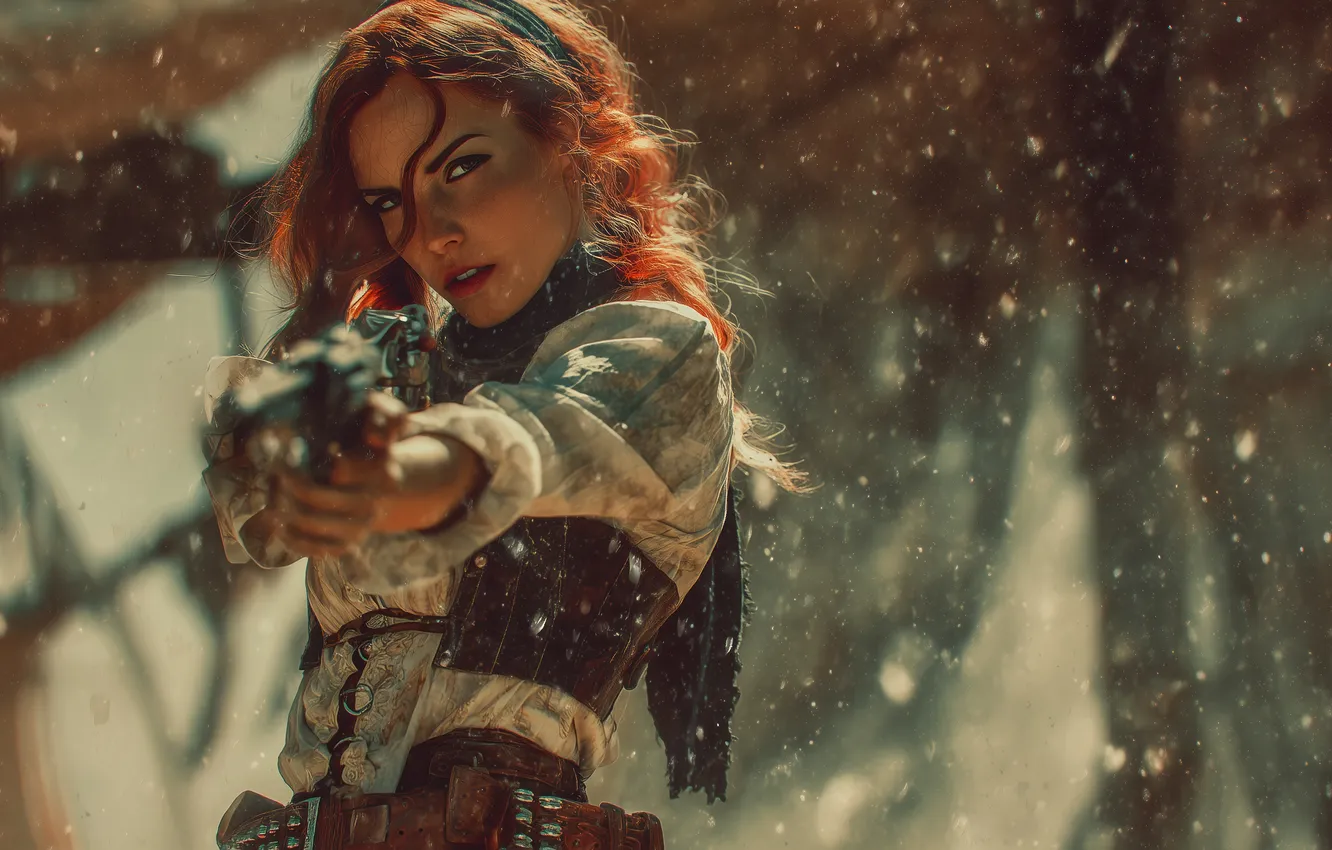 Фото обои gun, women, redhead, fantasy art, aiming, looking at viewer, AI art