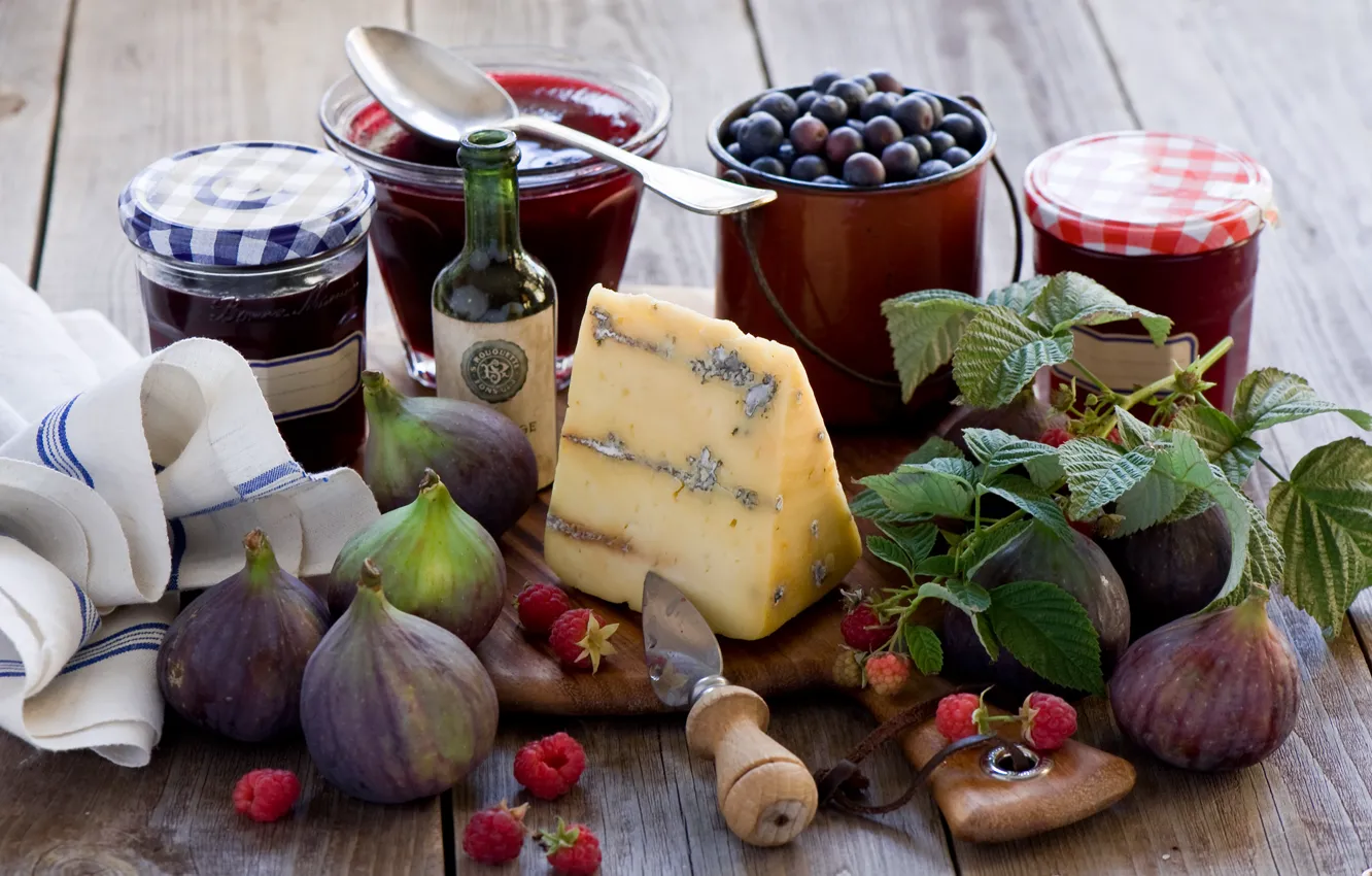 Фото обои ягоды, малина, сыр, натюрморт, джем, инжир