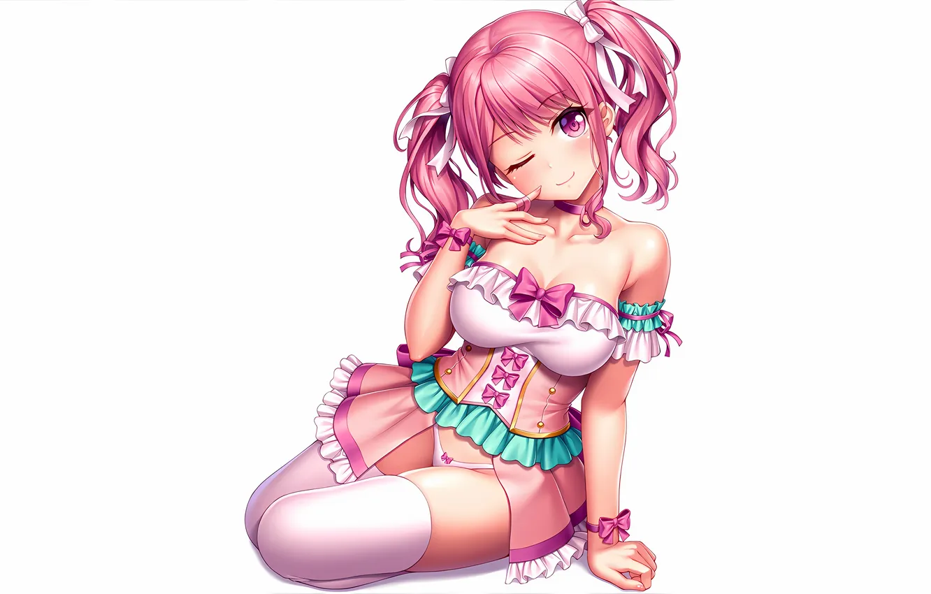 Фото обои girl, sexy, lingerie, pantsu, cleavage, panties, thighhighs, pink hair