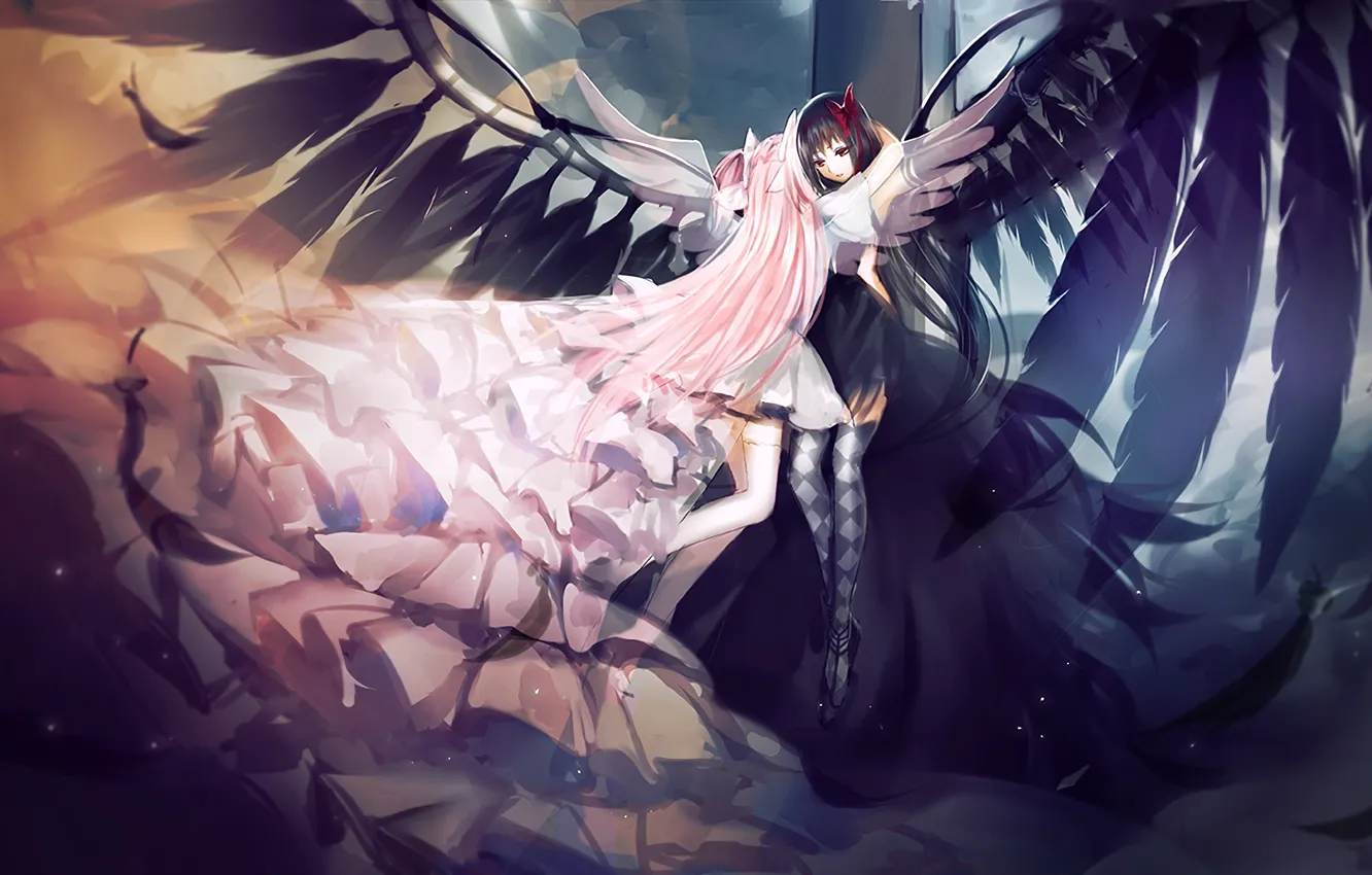 Фото обои девушки, крылья, аниме, перья, арт, akemi homura, kaname madoka, девочка-волшебница мадока