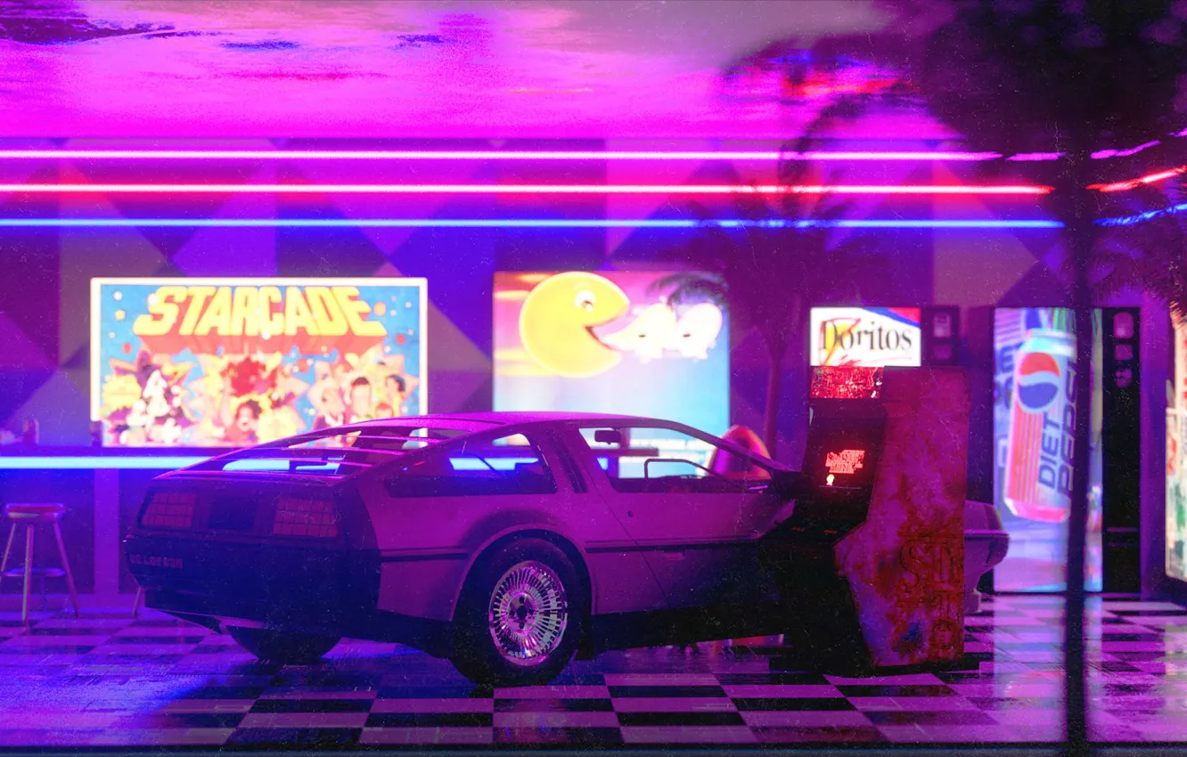 Фото обои Авто, Ночь, Машина, Стиль, DeLorean DMC-12, Арт, Art, 80s