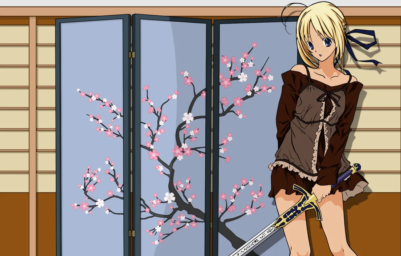 Фото обои девушка, меч, сакура, сейбер, Судьба ночь схватки, Fate / Stay Night