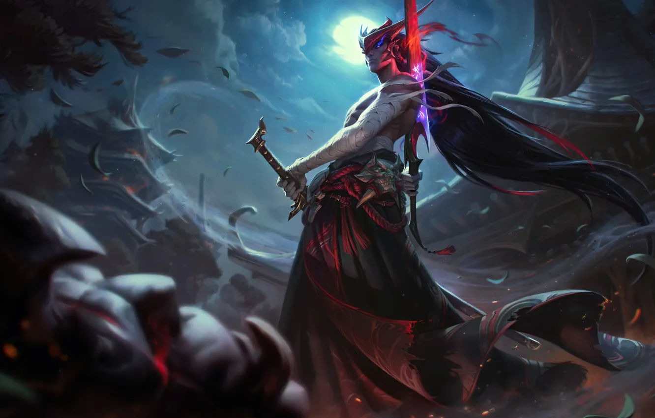 Фото обои ночь, луна, игра, game, character, строения, персонаж, League of Legends