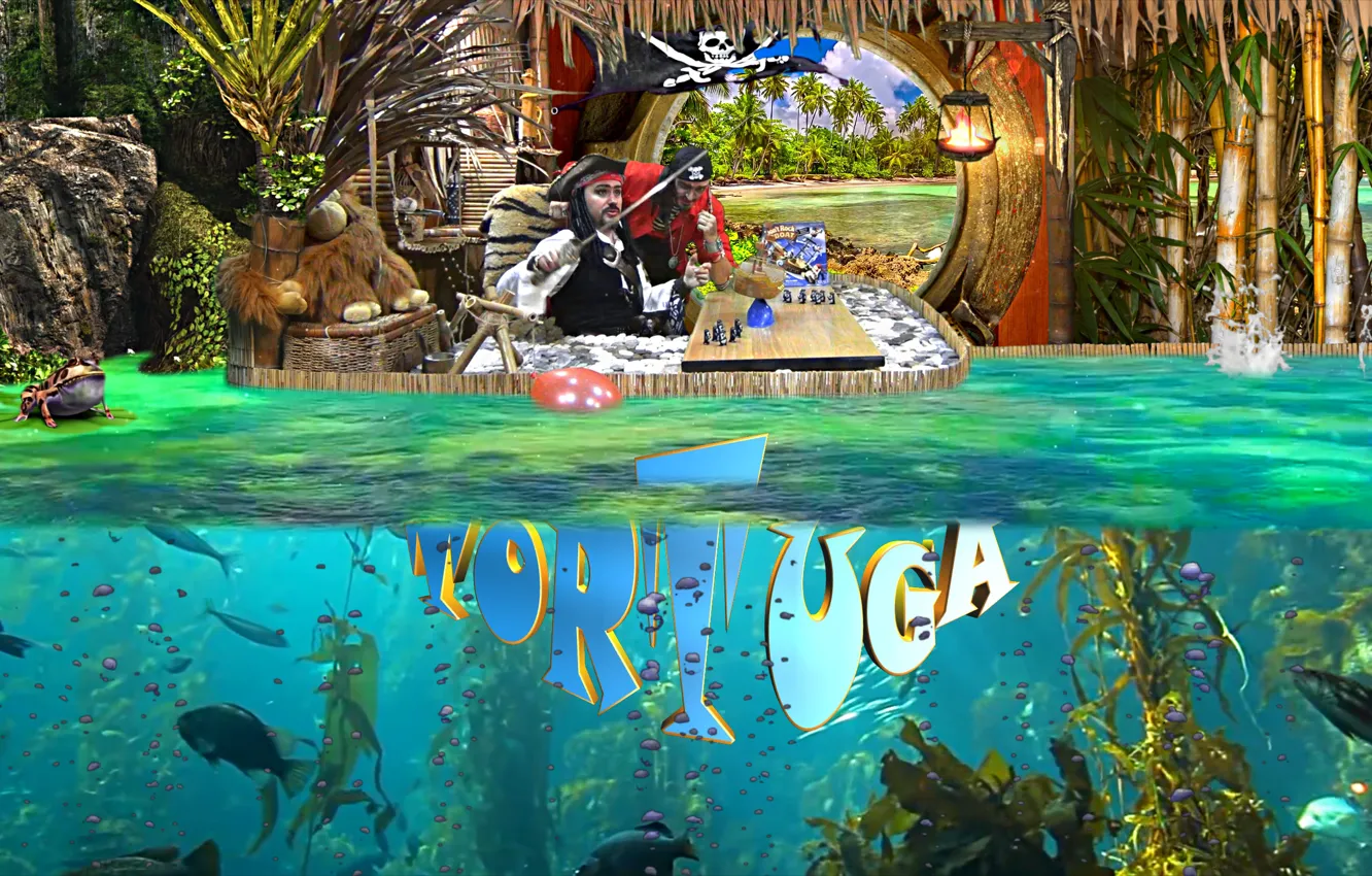 Фото обои море, рыбы, водоросли, дети, пальмы, побережье, игрушки, корабль