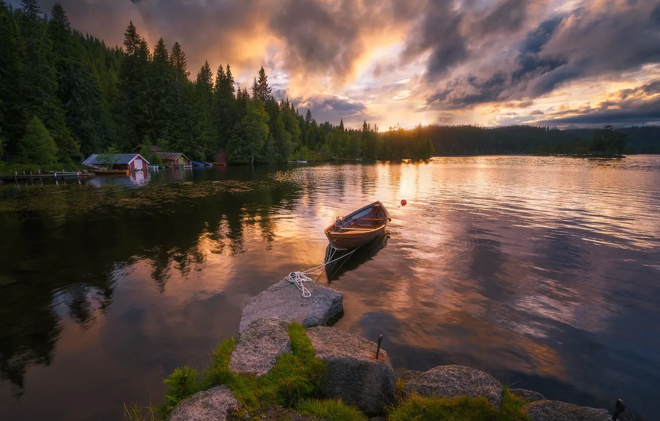 Фото обои озеро, лодка, Норвегия, Norway, Lakeside, Ringerike