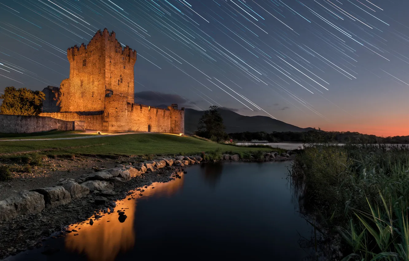 Фото обои река, Ночь, Ирландия, Ireland, Звездопад, Kerry, Керри, Ross Castle