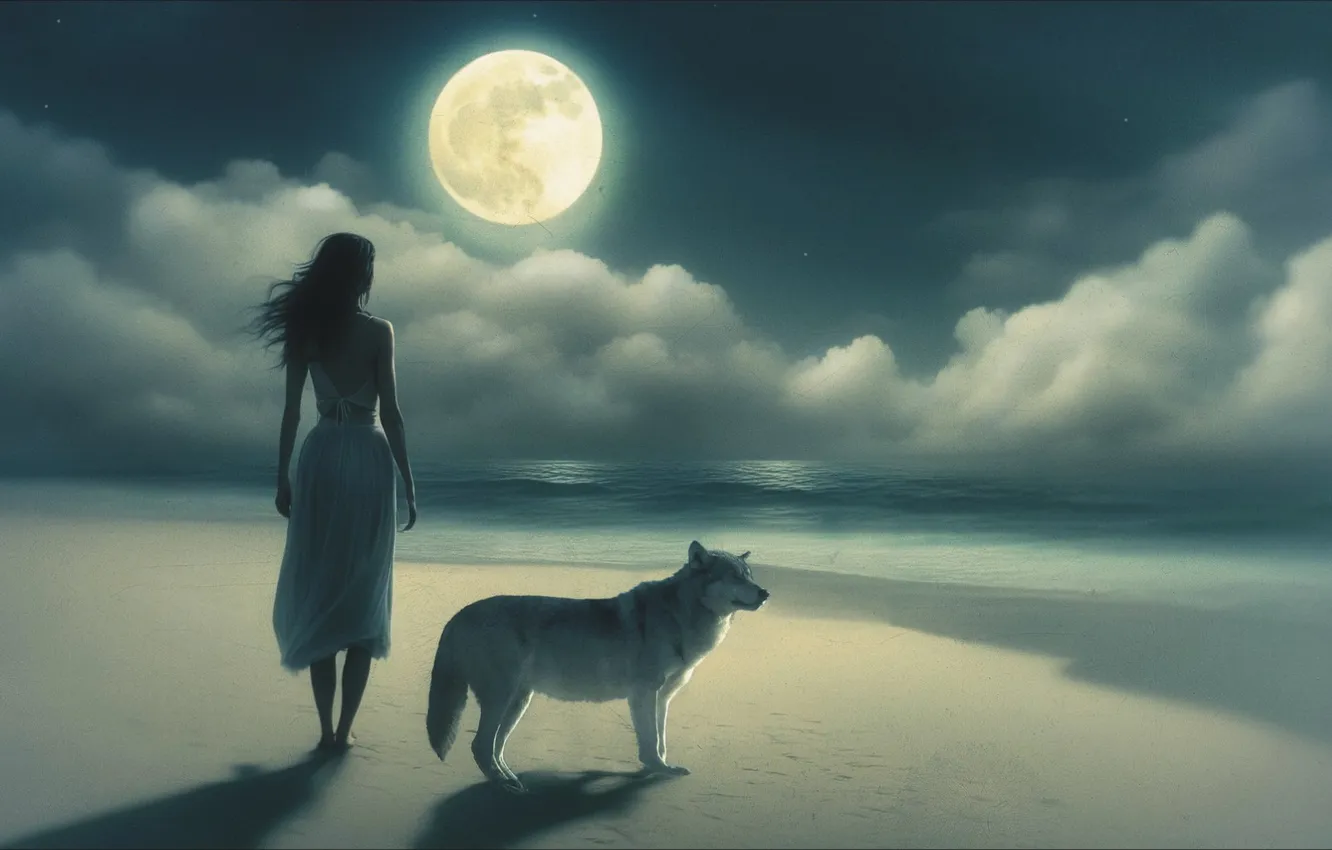 Фото обои ART, girl, Moon, ocean, night, two, wolf, wallpaper 1920x1080