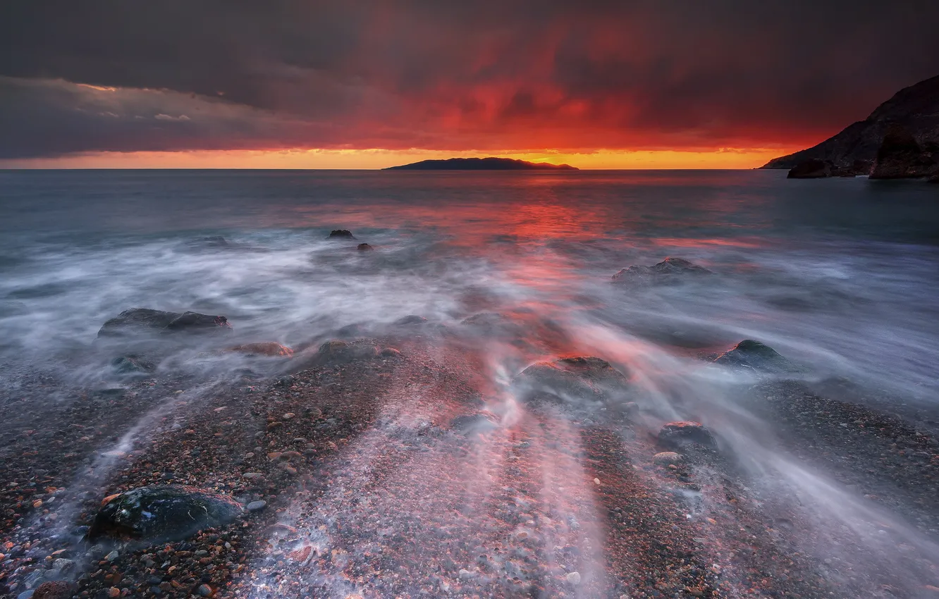 Фото обои море, пляж, закат, галька, камни, потоки