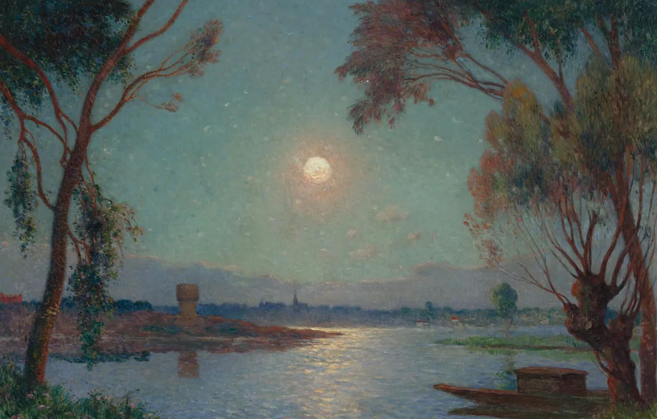 Фото обои пейзаж, ночь, лодка, картина, Ferdinand du Puigaudeau, Фердинанд дю Пюигадо, Берег Луары под Ясной Луной