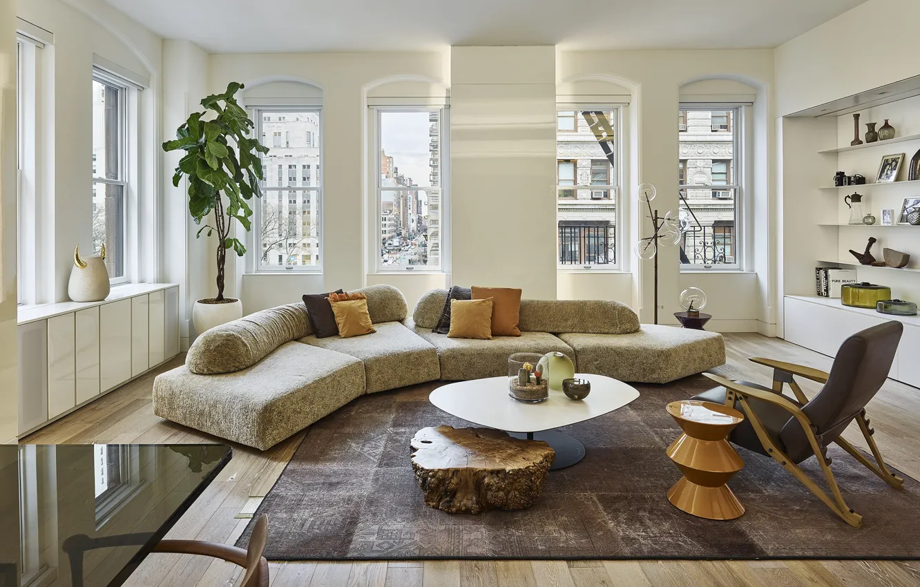 Фото обои дизайн, стиль, интерьер, мегаполис, New York, гостиная, Flatiron Private Residence, by Oda