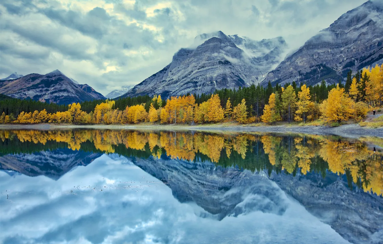 Фото обои осень, лес, небо, деревья, горы, отражение, водоем