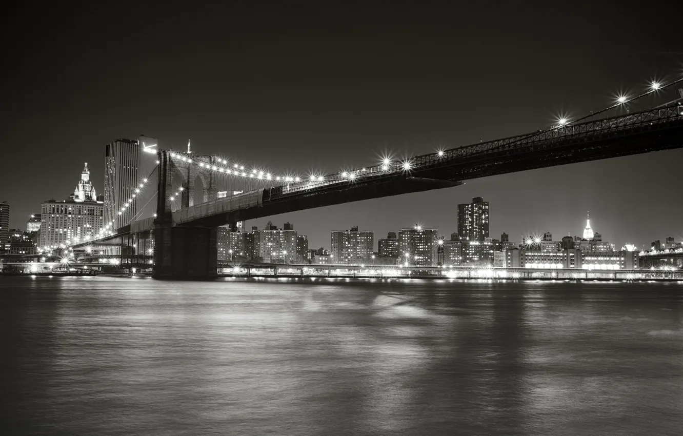 Фото обои ночь, город, огни, пролив, Нью-Йорк, освещение, черно-белое, USA