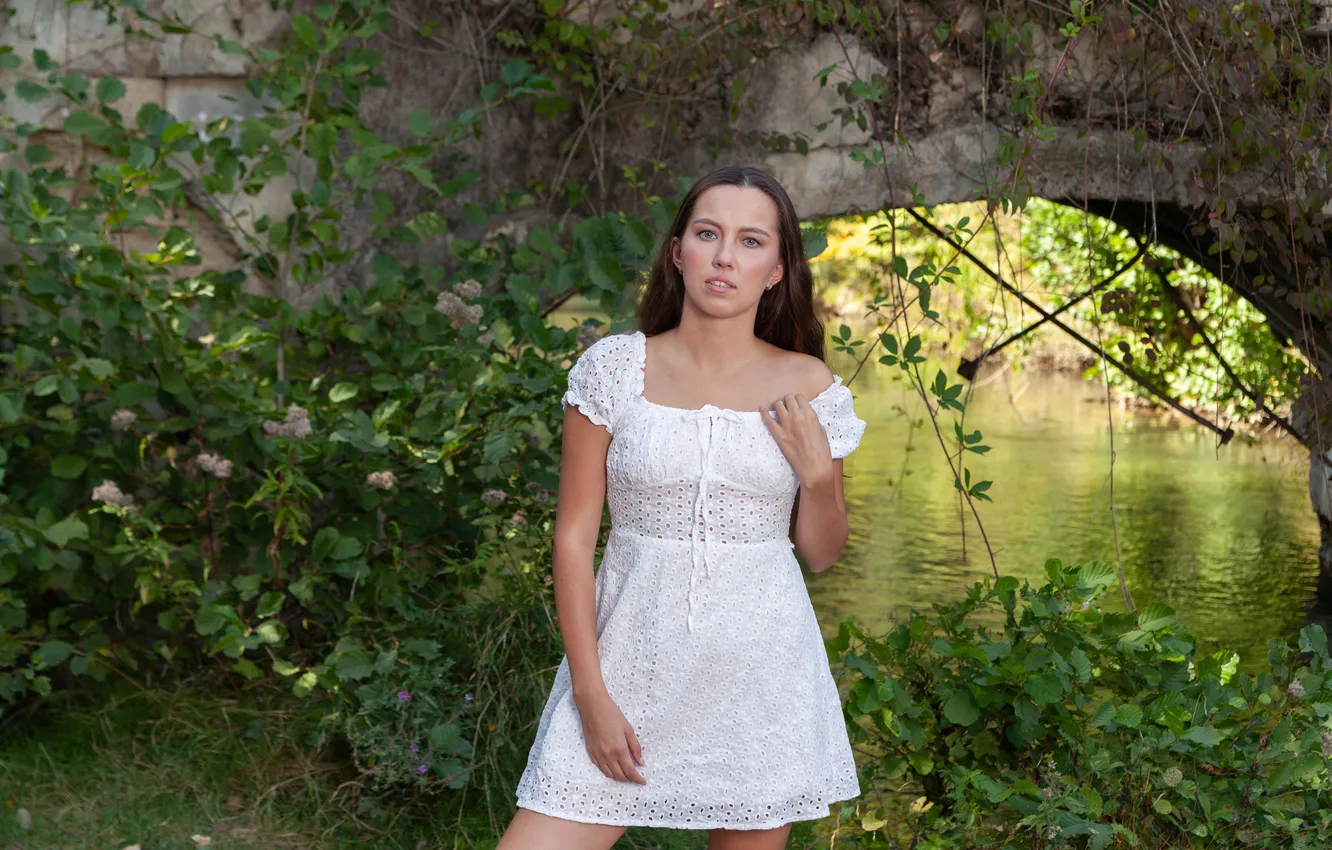 Фото обои long hair, model, brunette, gorgeous, photoshoot, posing, white dress, beautiful face