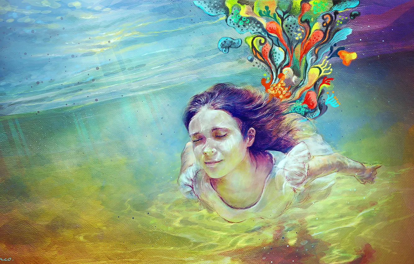 Фото обои цвета, вода, девушка, краски, рисунок, глубина, яркость, плавание