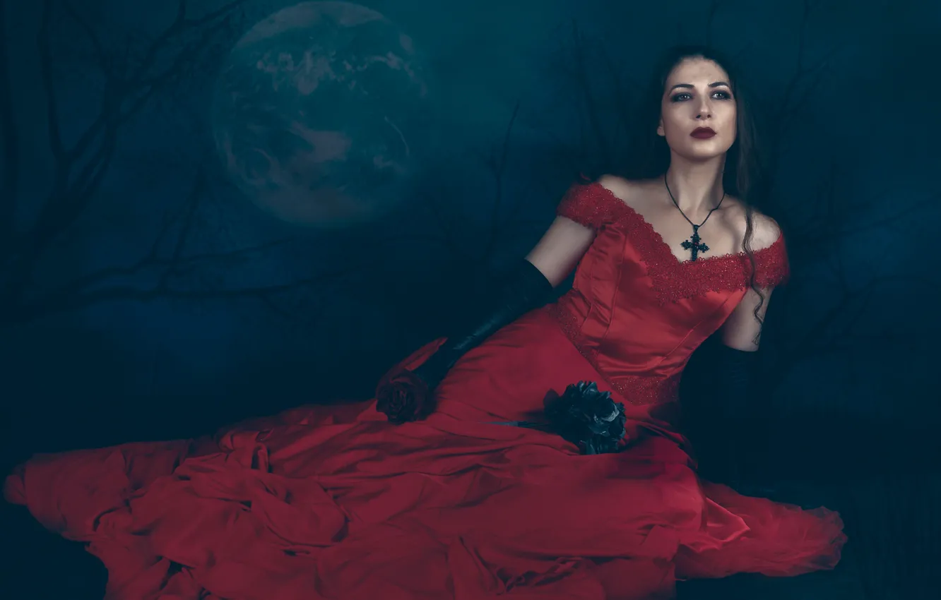 Фото обои девушка, ночь, красное, луна, модель, фигура, платье, Mary