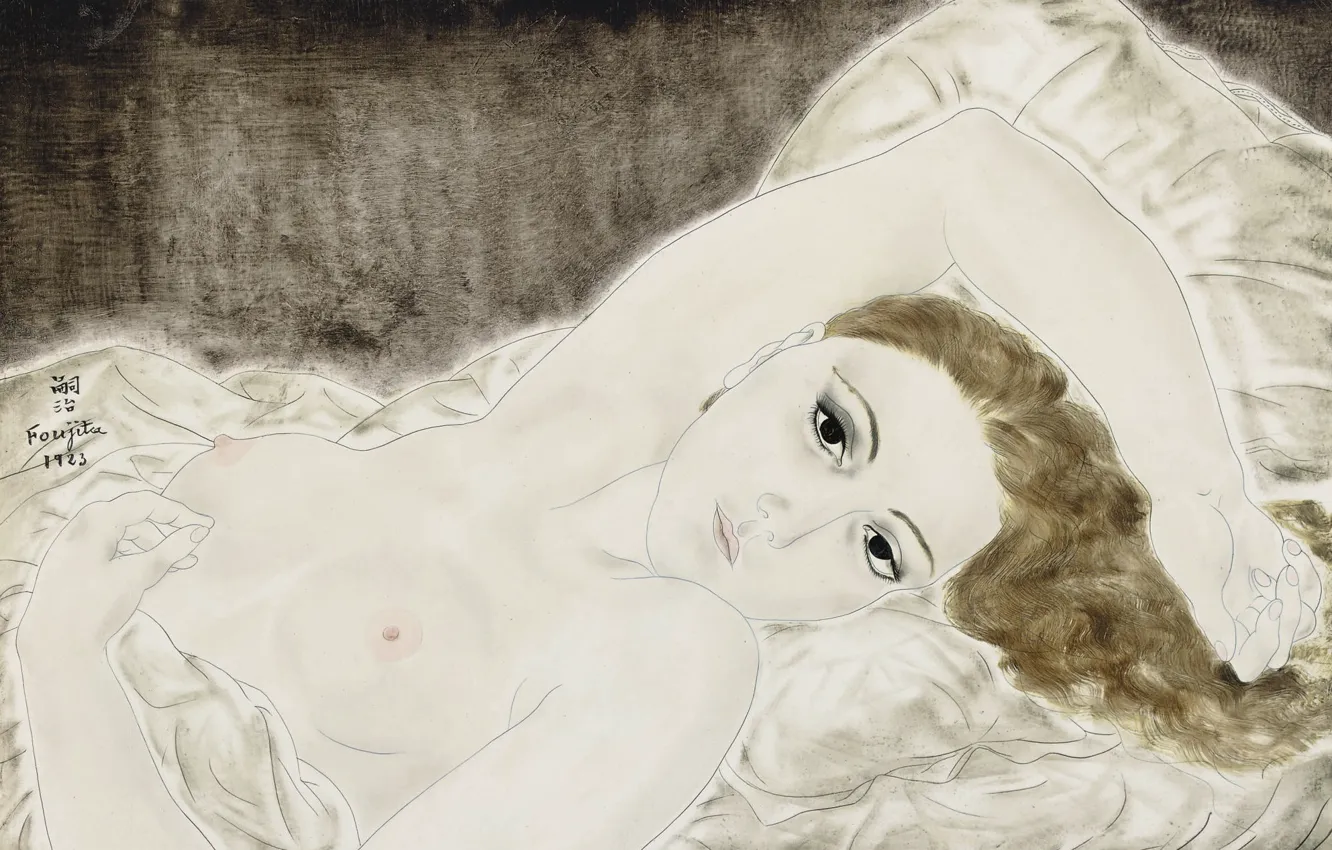 Фото обои грудь, женщина, шатенка, 1923, Цугухару, Фудзита, Обнаженная в постели