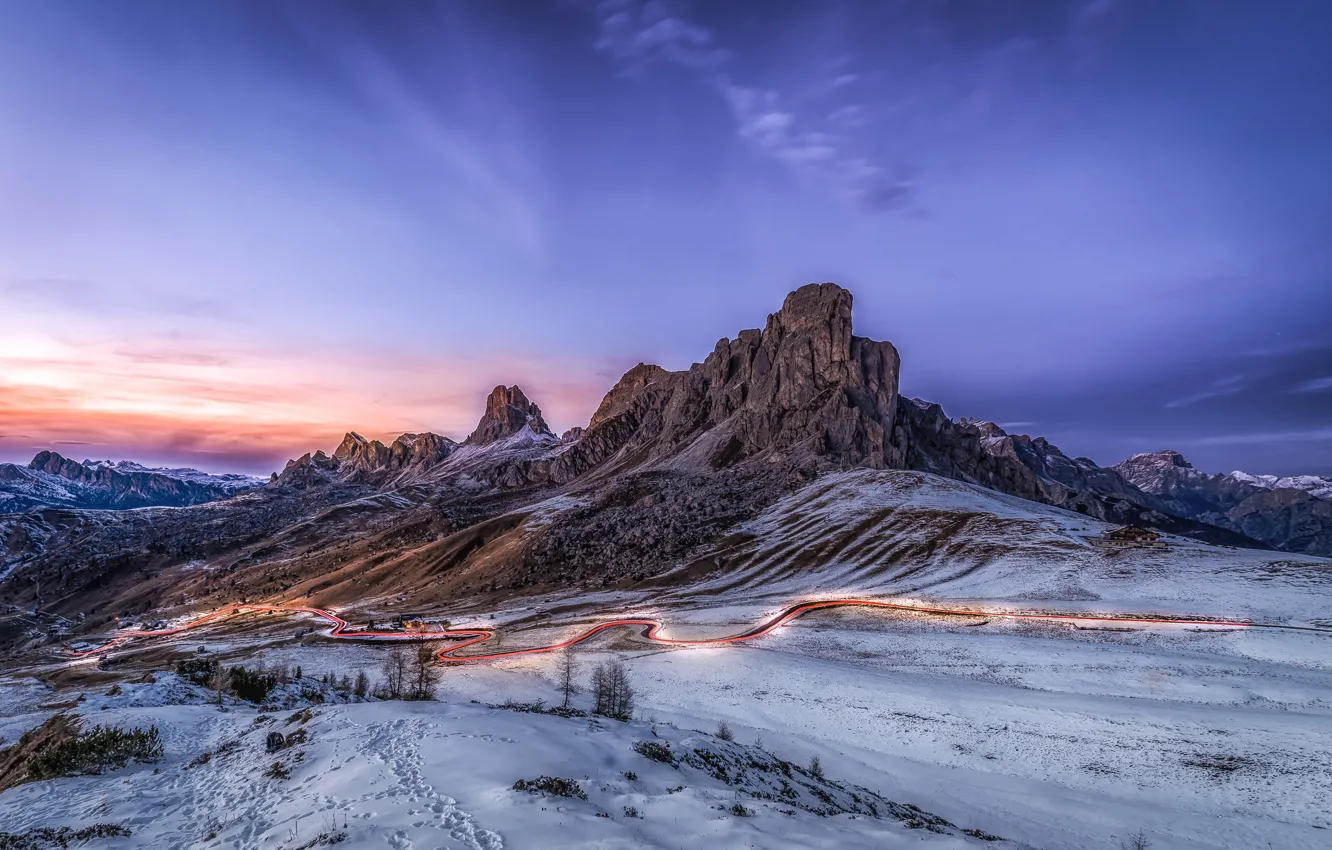 Фото обои зима, дорога, горы, выдержка, Италия, Italy, Dolomites