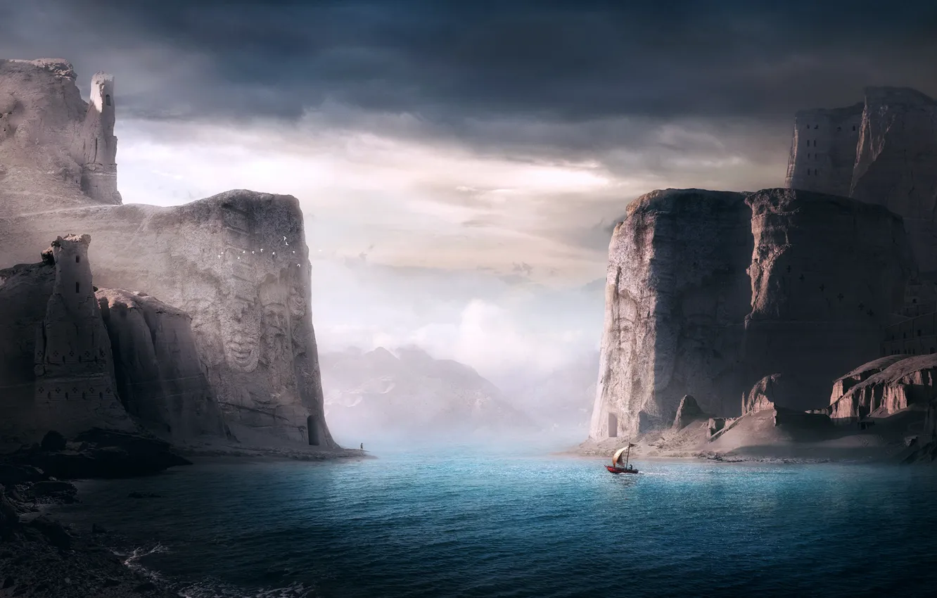 Фото обои скалы, берег, лодка, rocks, shore, boat, Sherry Akrami