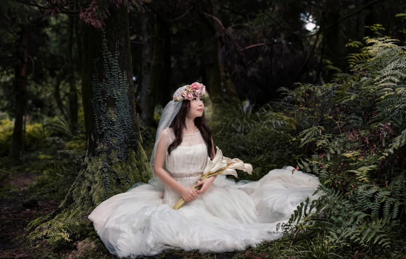 Фото обои лес, девушка, природа, букет, азиатка, свадебное платье