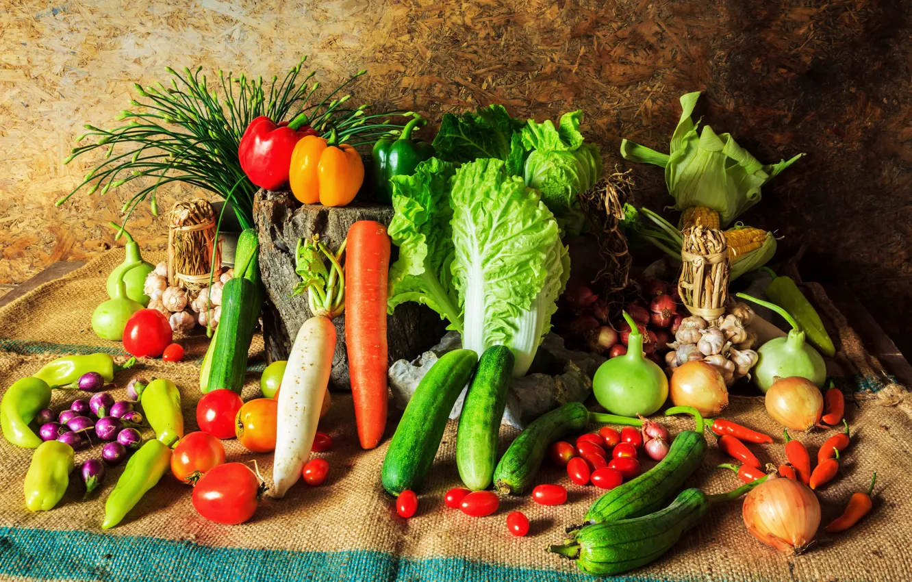 Фото обои кукуруза, перец, овощи, помидоры, морковь, капуста, огурцы, carrot