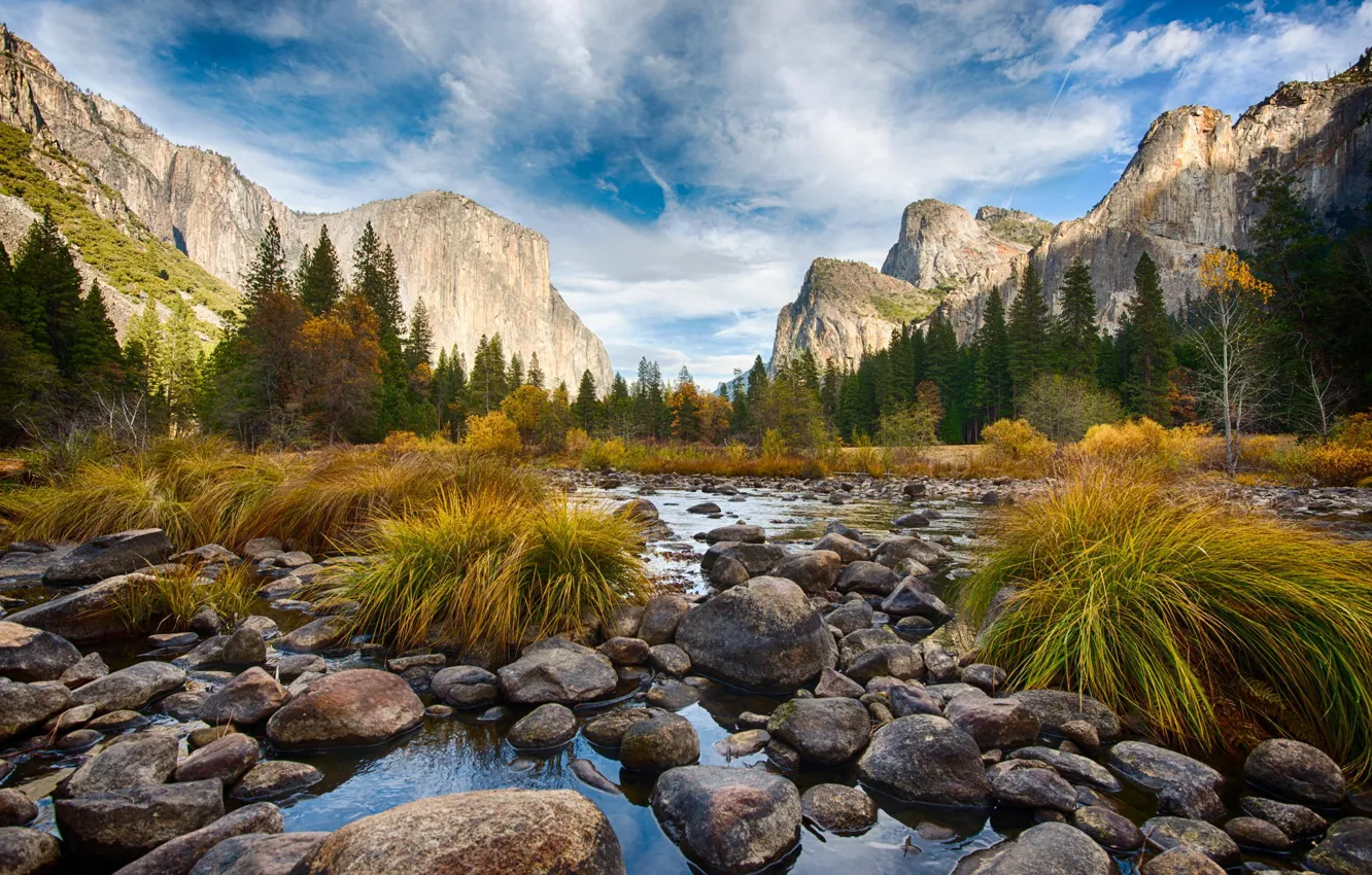 Фото обои лес, пейзаж, горы, парк, река, Yosemite, Waterfall, Valley