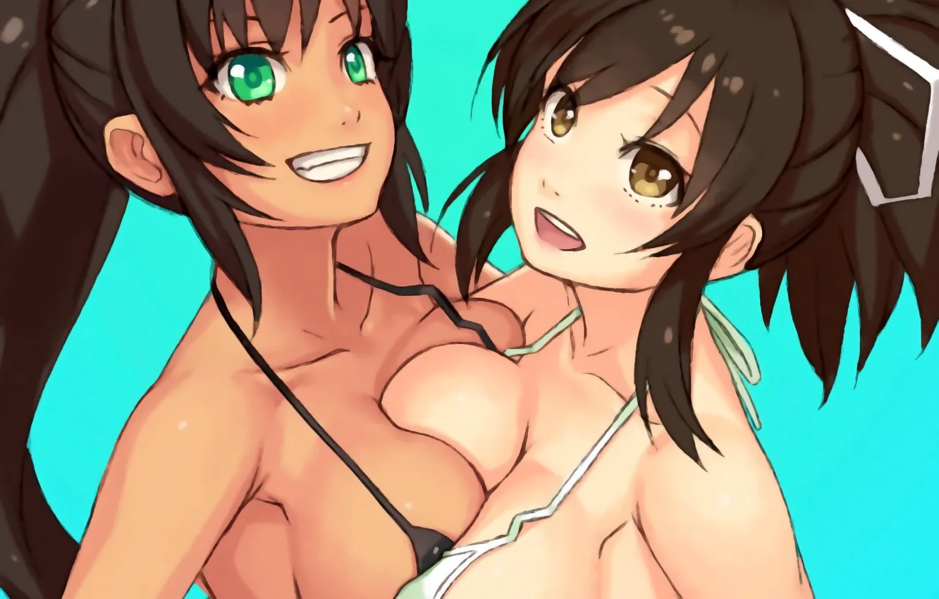 Фото обои sexy, cleavage, green eyes, long hair, girls, brown hair, boobs, anime
