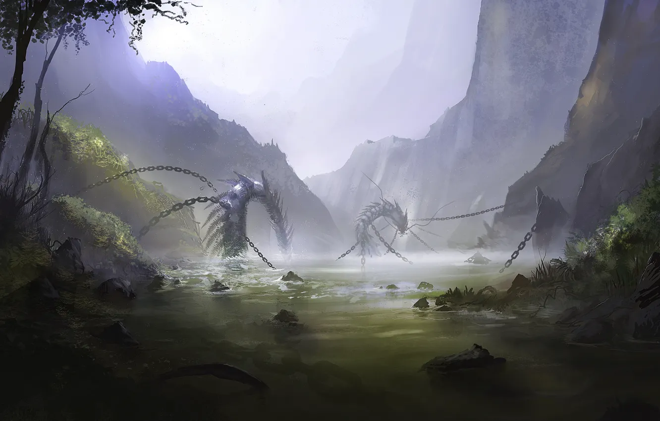 Фото обои горы, туман, озеро, арт, змей, цепи