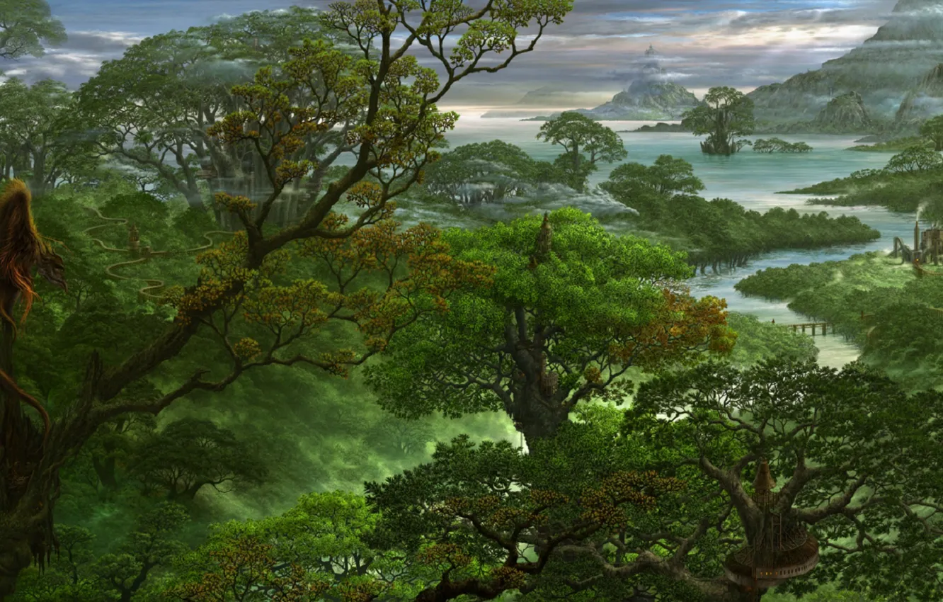 Фото обои лес, деревья, горы, туман, река, дракон, арт, дымка