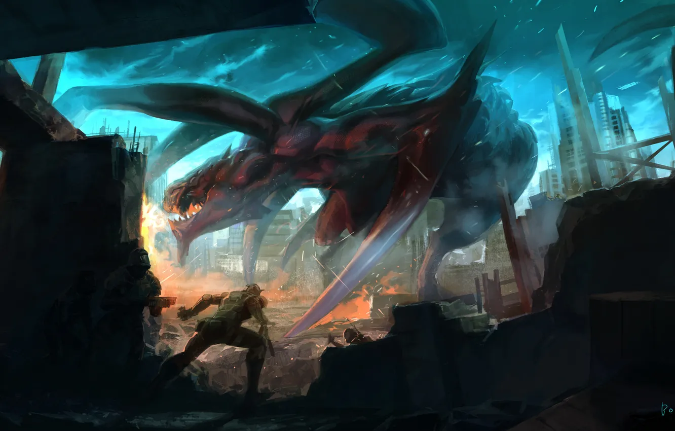 Фото обои ночь, город, огни, оружие, человек, монстр, арт, солдат