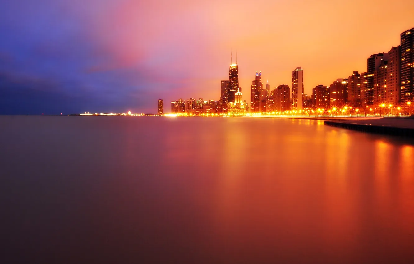 Фото обои ночь, огни, небоскребы, USA, чикаго, Chicago, мичиган
