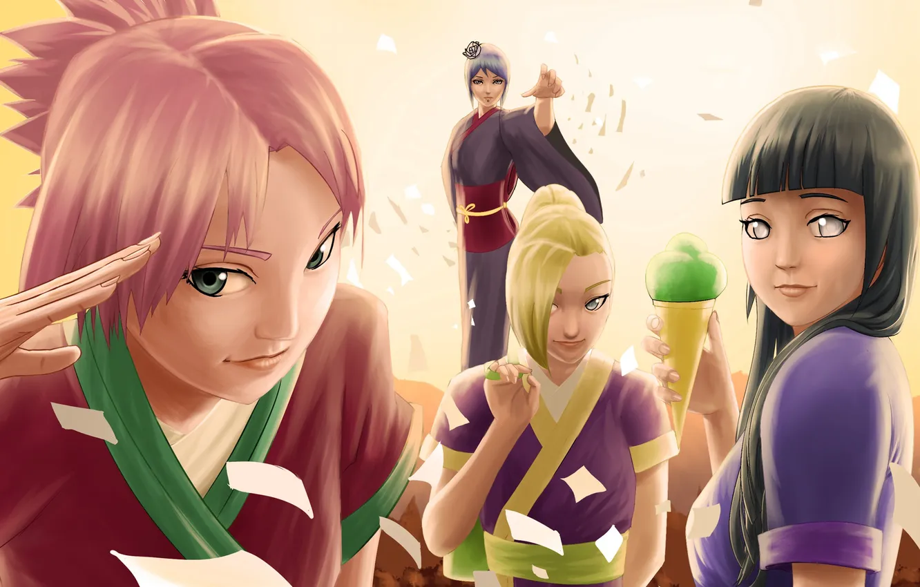 Фото обои Naruto, anime, Sakura Haruno, Konan, Hinata Hyuga, Ino Yamanaka