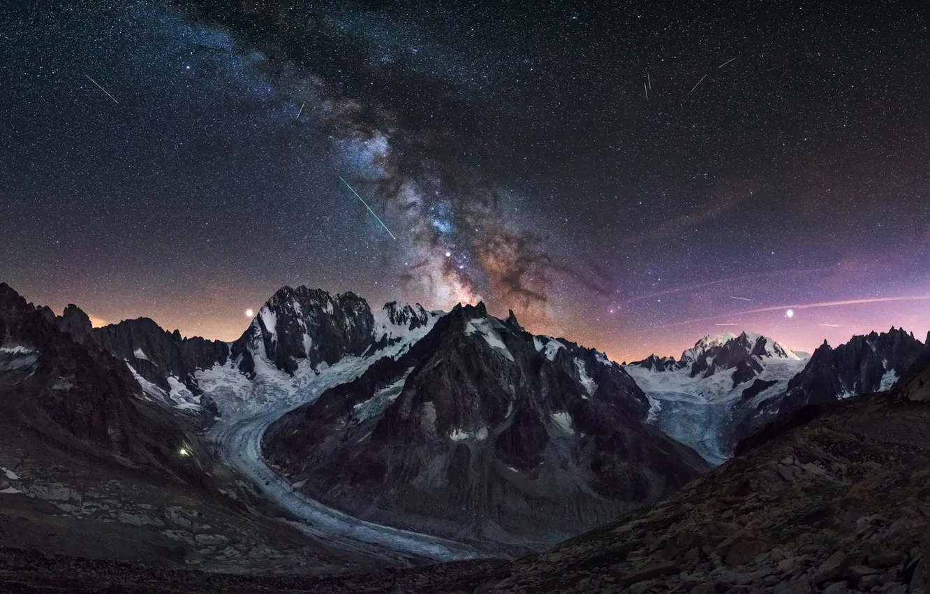 Фото обои звезды, горы, ледник, Млечный путь, метеоры