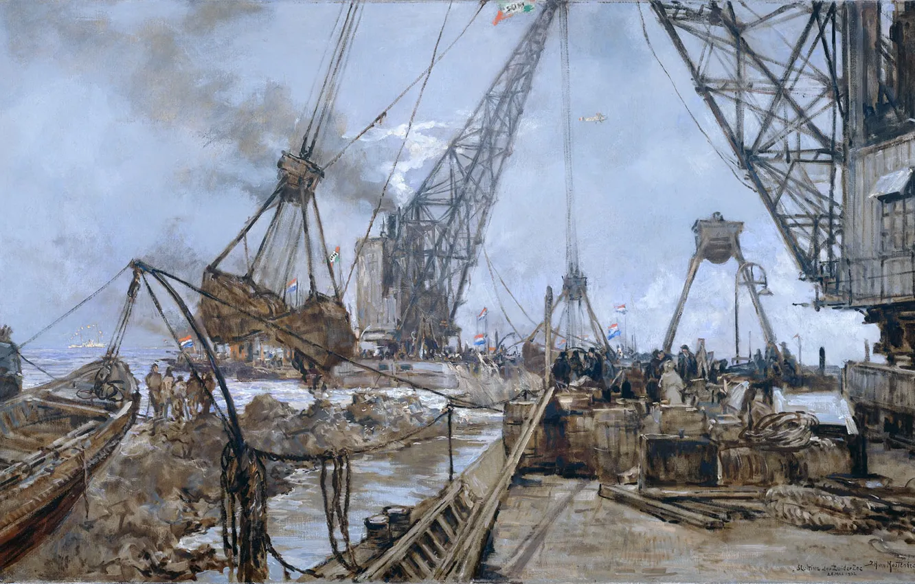 Фото обои масло, картина, холст, Перекрытие Залива Зейдерзе, Johan Hendrik van Mastenbroek
