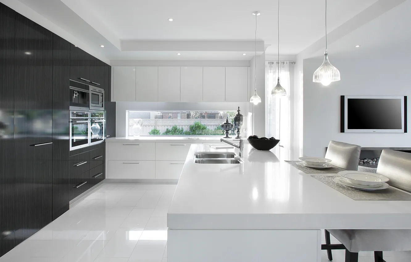 Фото обои minimal, white, black, interior, home, kitchen